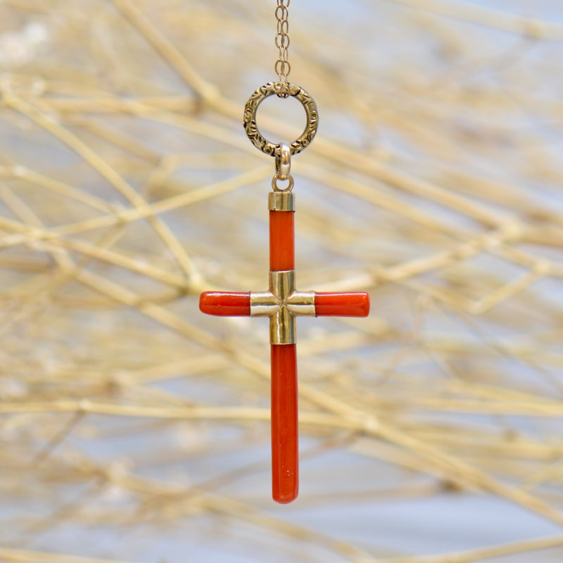 Antique 14ct Yellow Gold Coral Cross Pendant with Engraved Split Ring