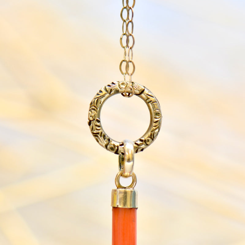 Antique 14ct Yellow Gold Coral Cross Pendant with Engraved Split Ring