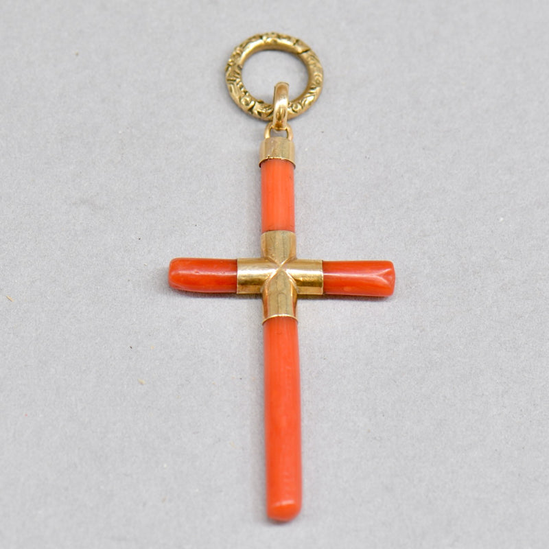 Antique 14ct Yellow Gold Coral Cross Pendant with Engraved Split Ring