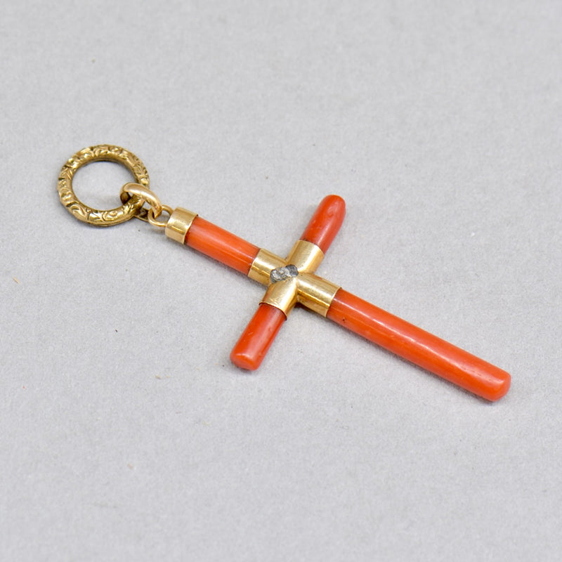 Antique 14ct Yellow Gold Coral Cross Pendant with Engraved Split Ring