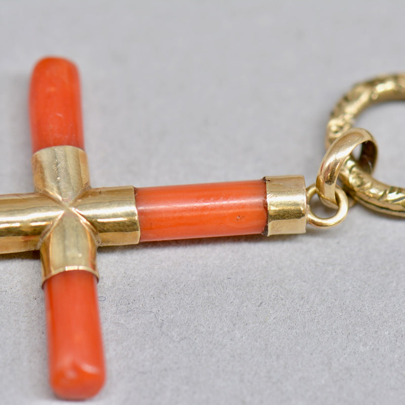 Antique 14ct Yellow Gold Coral Cross Pendant with Engraved Split Ring