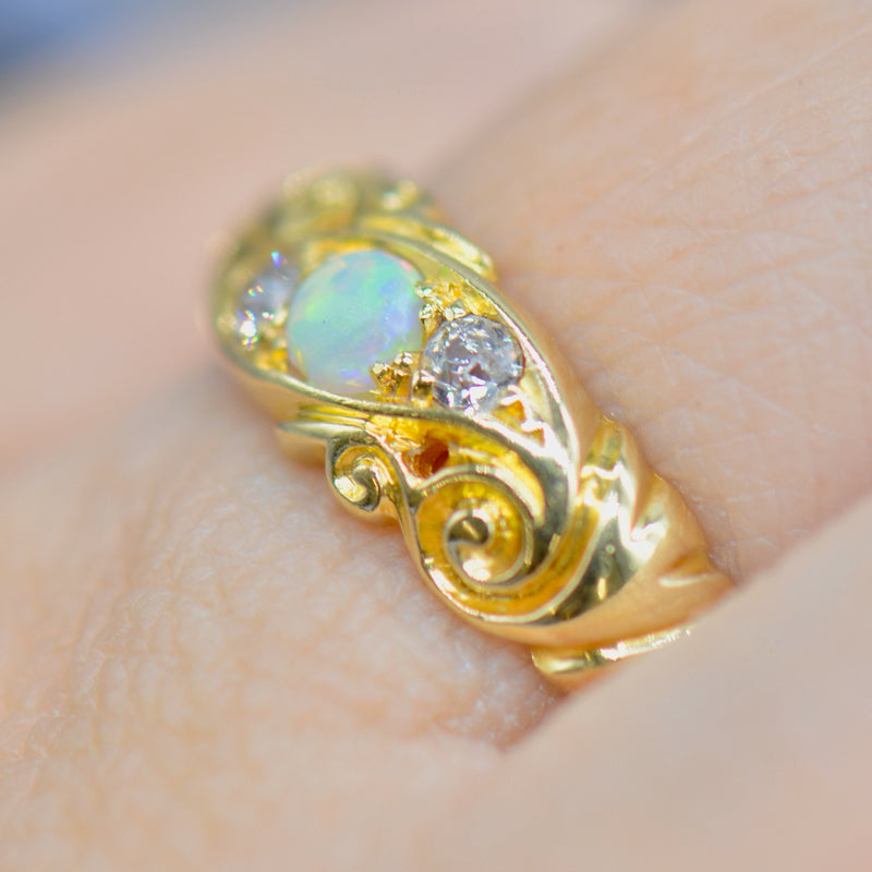 Edwardian 1906 Australian Opal and Old Mine Cut Diamond 18ct Yellow Gold Ring