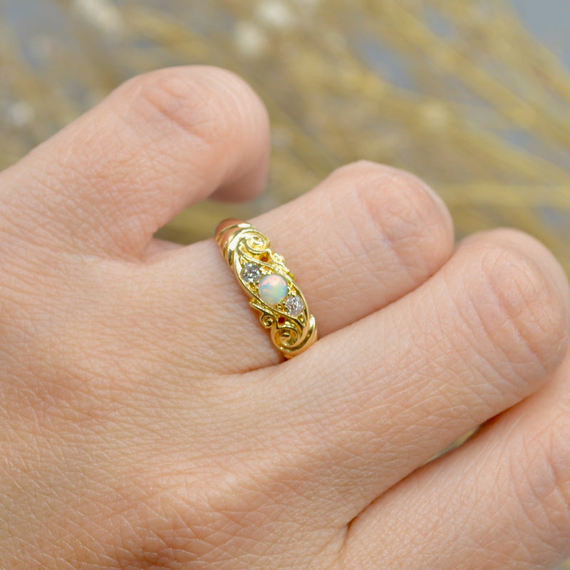 Edwardian 1906 Australian Opal and Old Mine Cut Diamond 18ct Yellow Gold Ring