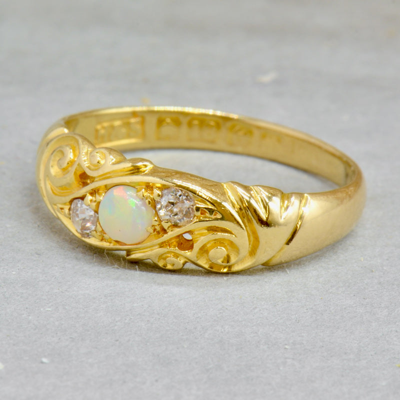 Edwardian 1906 Australian Opal and Old Mine Cut Diamond 18ct Yellow Gold Ring