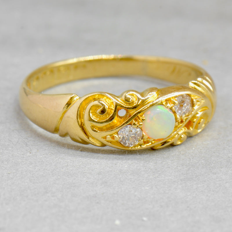 Edwardian 1906 Australian Opal and Old Mine Cut Diamond 18ct Yellow Gold Ring