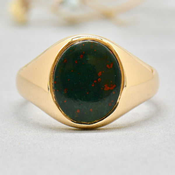 Vintage 1970s Bloodstone 9ct Yellow Gold Mens Oval Signet Ring