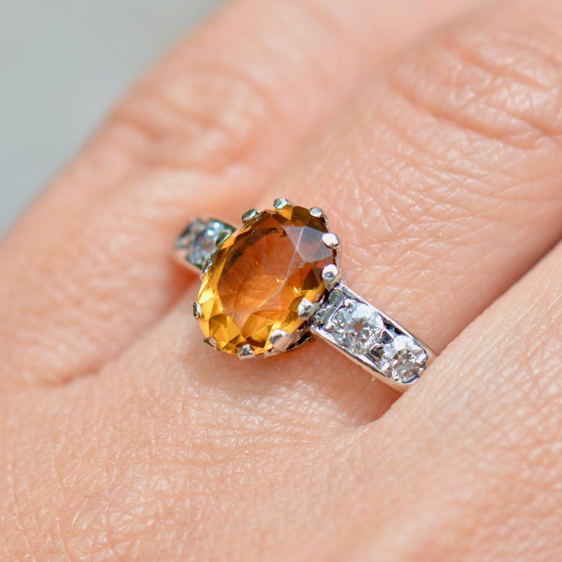 Antique Citrine & Old Mine Cut Diamond 18ct Yellow Gold Ring (2.50 Carats)