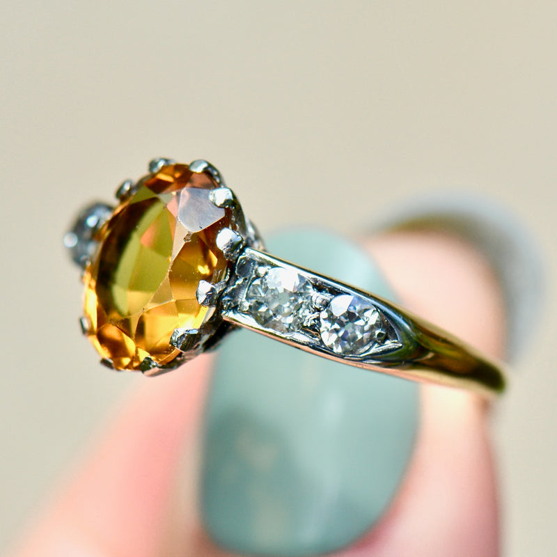 Antique Citrine & Old Mine Cut Diamond 18ct Yellow Gold Ring (2.50 Carats)