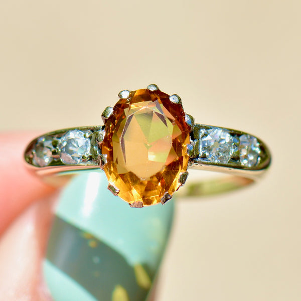 Antique Citrine & Old Mine Cut Diamond 18ct Yellow Gold Ring (2.50 Carats)