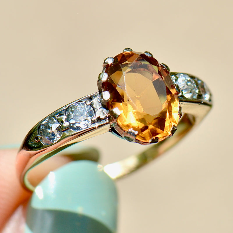 Antique Citrine & Old Mine Cut Diamond 18ct Yellow Gold Ring (2.50 Carats)