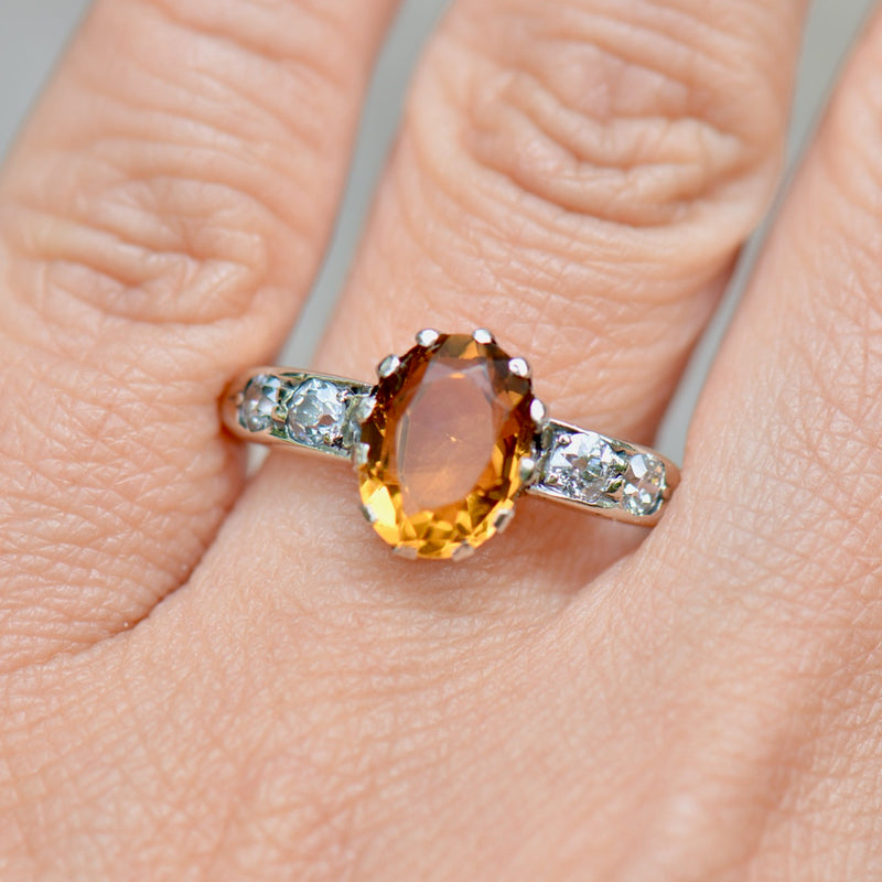 Antique Citrine & Old Mine Cut Diamond 18ct Yellow Gold Ring (2.50 Carats)