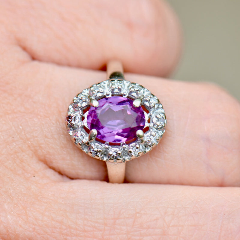 Vintage Synthetic Purple Sapphire & Diamond Halo Ring (1.83cts)