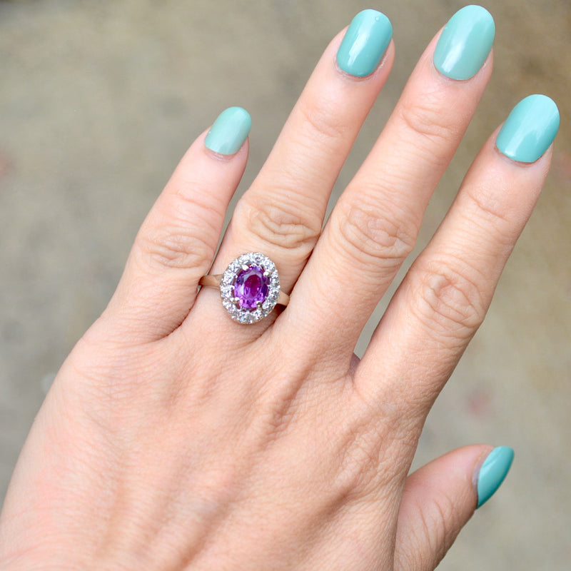 Vintage Synthetic Purple Sapphire & Diamond Halo Ring (1.83cts)