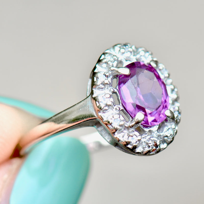 Vintage Synthetic Purple Sapphire & Diamond Halo Ring (1.83cts)