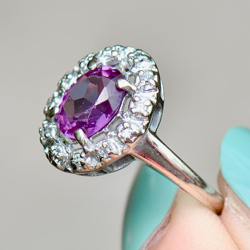 Vintage Synthetic Purple Sapphire & Diamond Halo Ring (1.83cts)