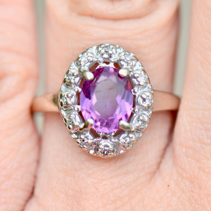 Vintage Synthetic Purple Sapphire & Diamond Halo Ring (1.83cts)