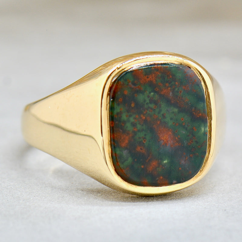 Vintage 1990s Bloodstone 9ct Yellow Gold Mens Rectangle Signet Ring