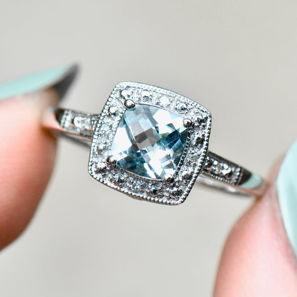 Aquamarine & Diamond 9ct White Gold Halo Ring (0.84ct)