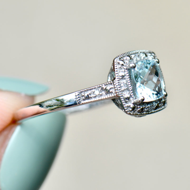 Aquamarine & Diamond 9ct White Gold Halo Ring (0.84ct)