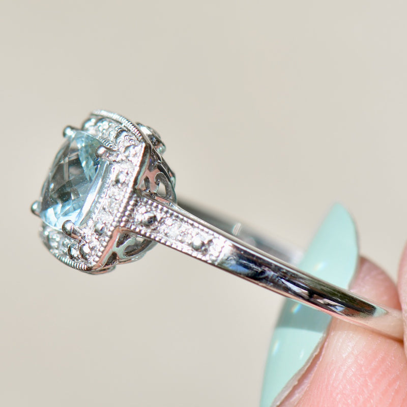 Aquamarine & Diamond 9ct White Gold Halo Ring (0.84ct)