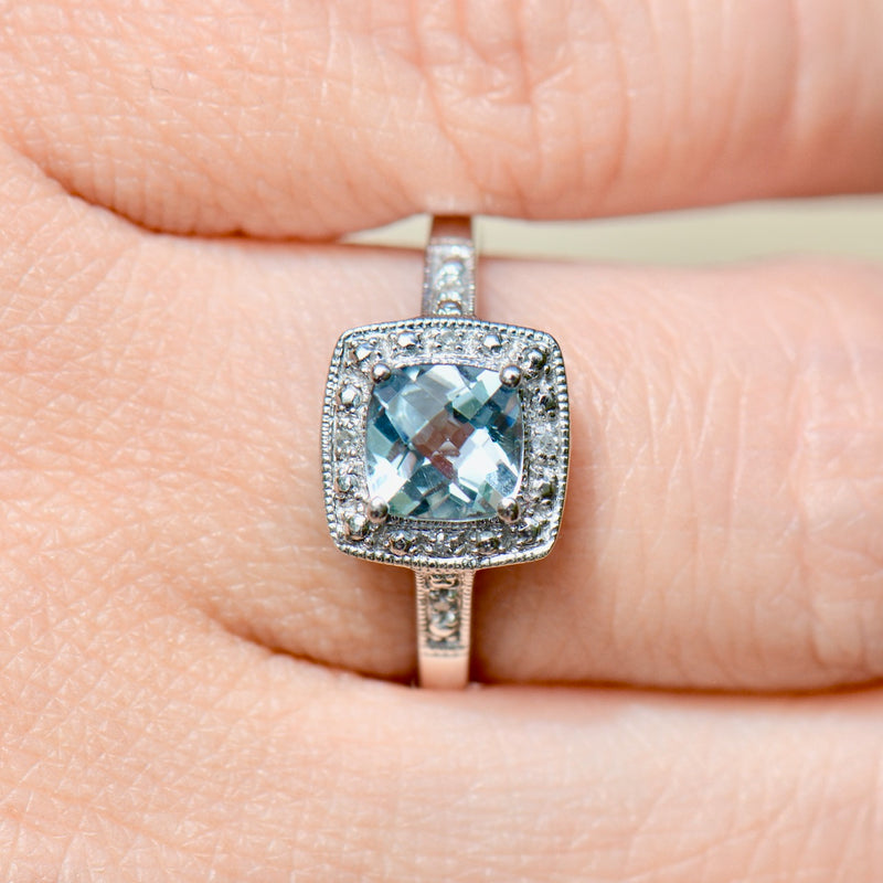 Aquamarine & Diamond 9ct White Gold Halo Ring (0.84ct)