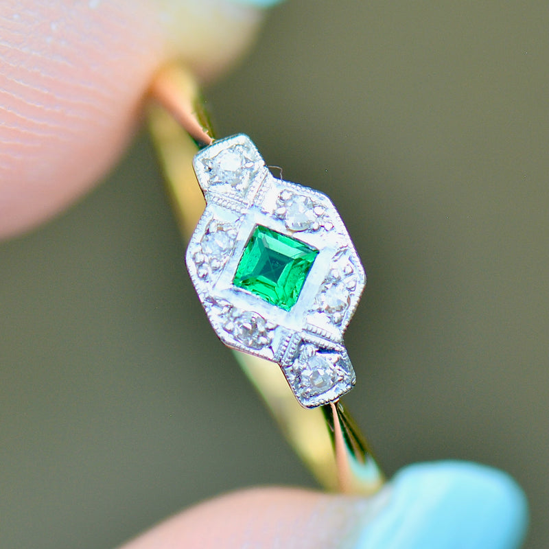 Art Deco 1930s Emerald and Diamond Platinum & 18ct Yellow Gold Engagement Ring