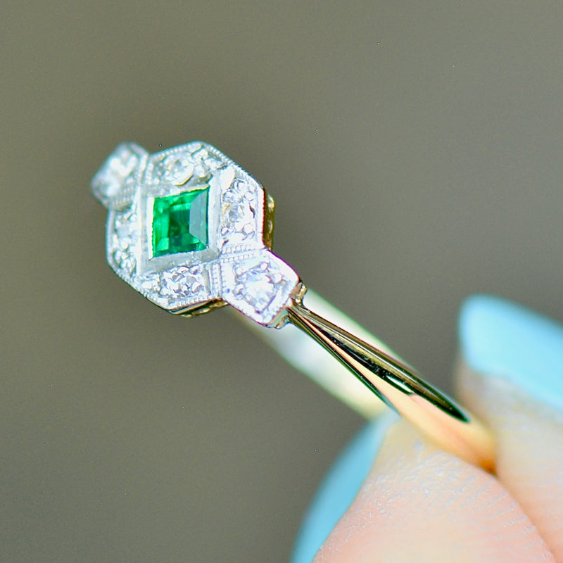 Art Deco 1930s Emerald and Diamond Platinum & 18ct Yellow Gold Engagement Ring