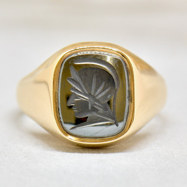 Vintage 1970s Hematite Intaglio 9ct Yellow Gold Mens Rectangle Signet Ring