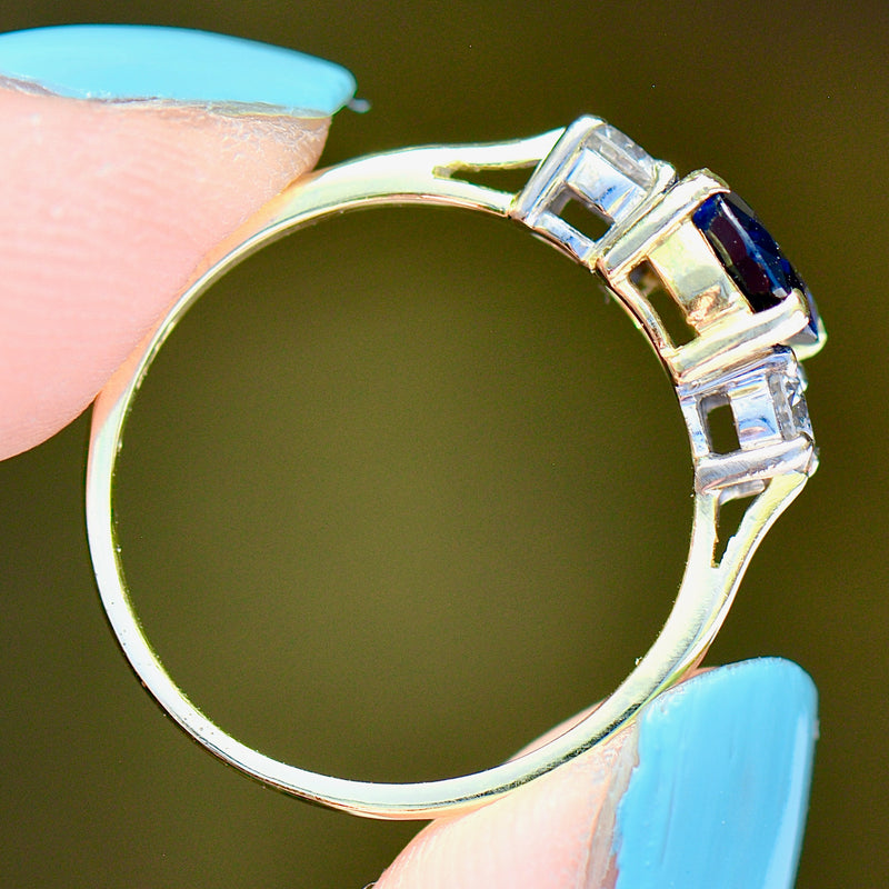 1990s Blue Sapphire and Diamond 18ct Yellow Gold Trilogy Engagement Ring (1.60cts)