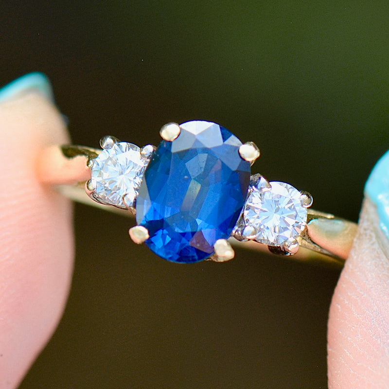 1990s Blue Sapphire and Diamond 18ct Yellow Gold Trilogy Engagement Ring (1.60cts)