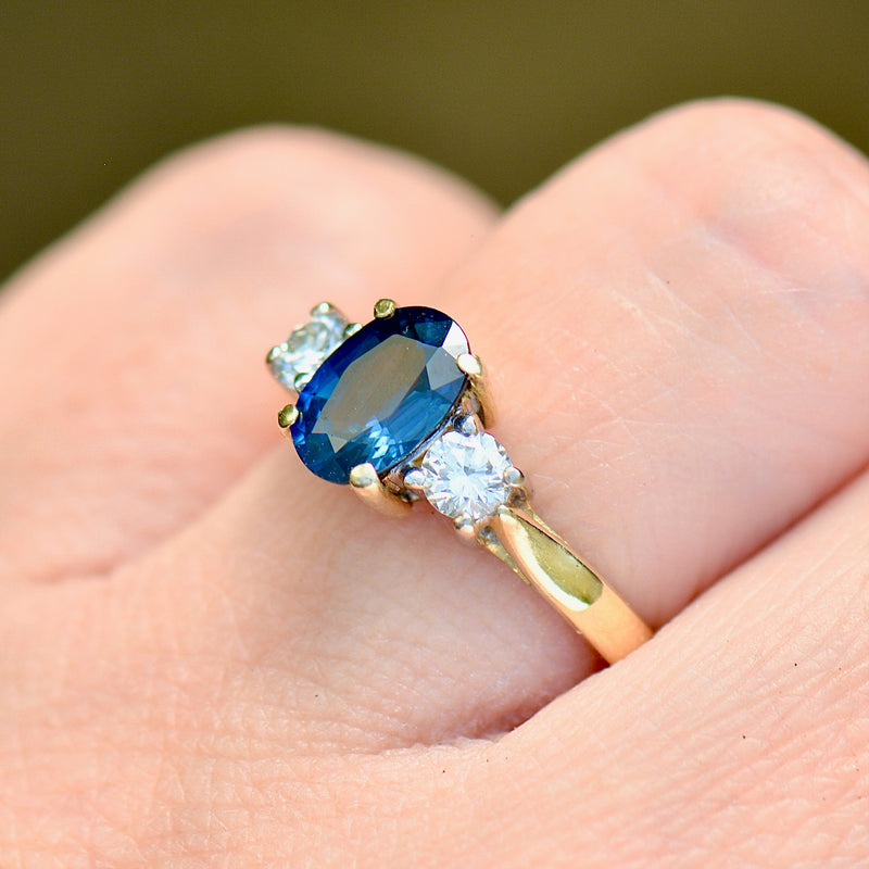 1990s Blue Sapphire and Diamond 18ct Yellow Gold Trilogy Engagement Ring (1.60cts)