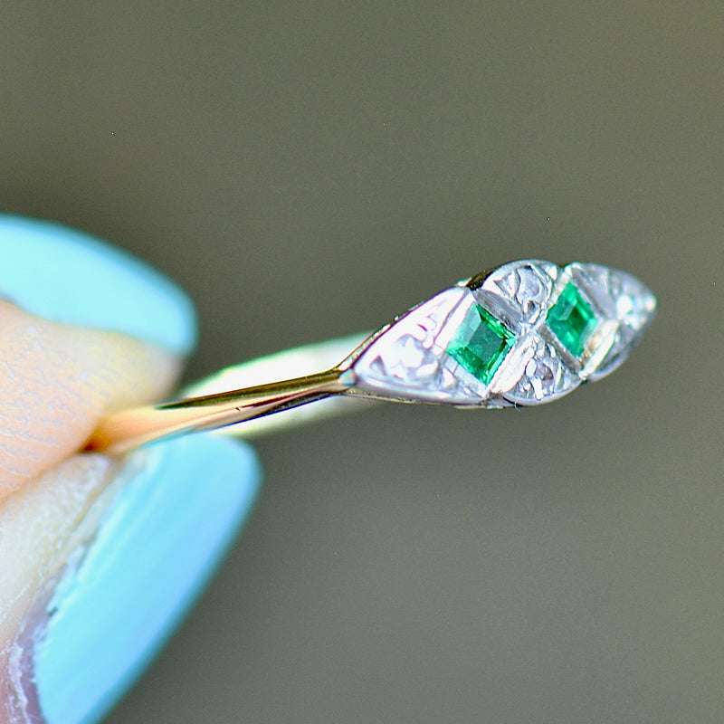 Art Deco 1930s Emerald and Diamond Platinum & 18ct Yellow Gold Engagement Ring