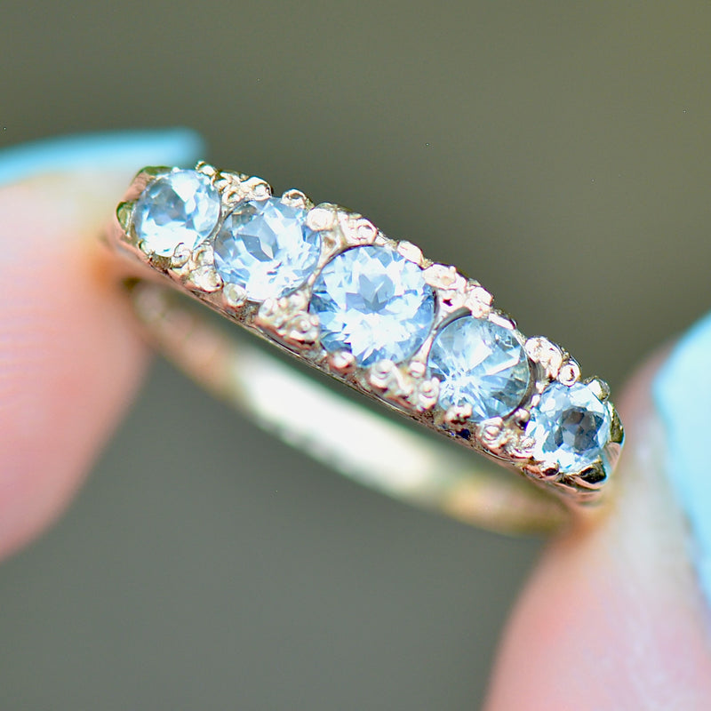 Vintage 1960s Aquamarine Five-Stone 9ct Yellow Gold Ring