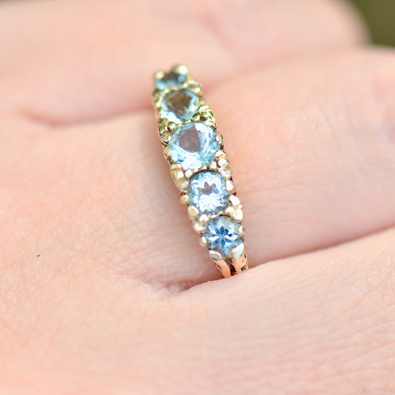 Vintage 1980s Aquamarine Five-Stone 9ct Yellow Gold Ring