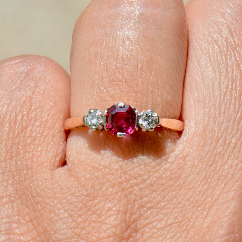 Vintage Unheated Ruby & Diamond 18CT Yellow Gold & Platinum Trilogy Engagement Ring (0.75ct)