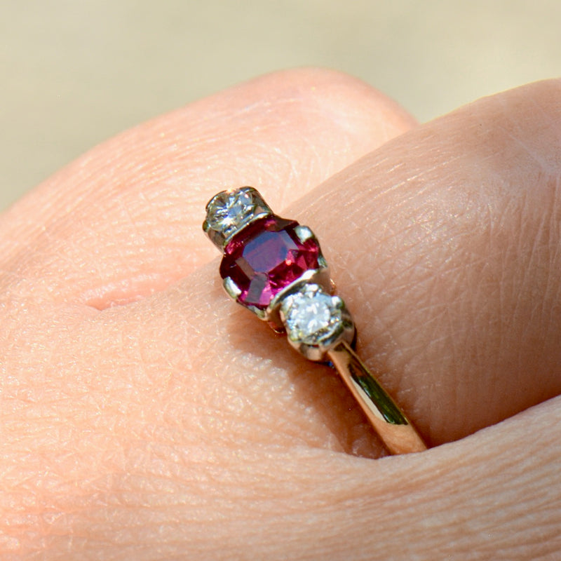 Vintage Unheated Ruby & Diamond 18CT Yellow Gold & Platinum Trilogy Engagement Ring (0.75ct)