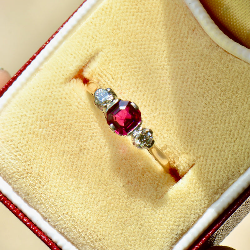 Vintage Unheated Ruby & Diamond 18CT Yellow Gold & Platinum Trilogy Engagement Ring (0.75ct)