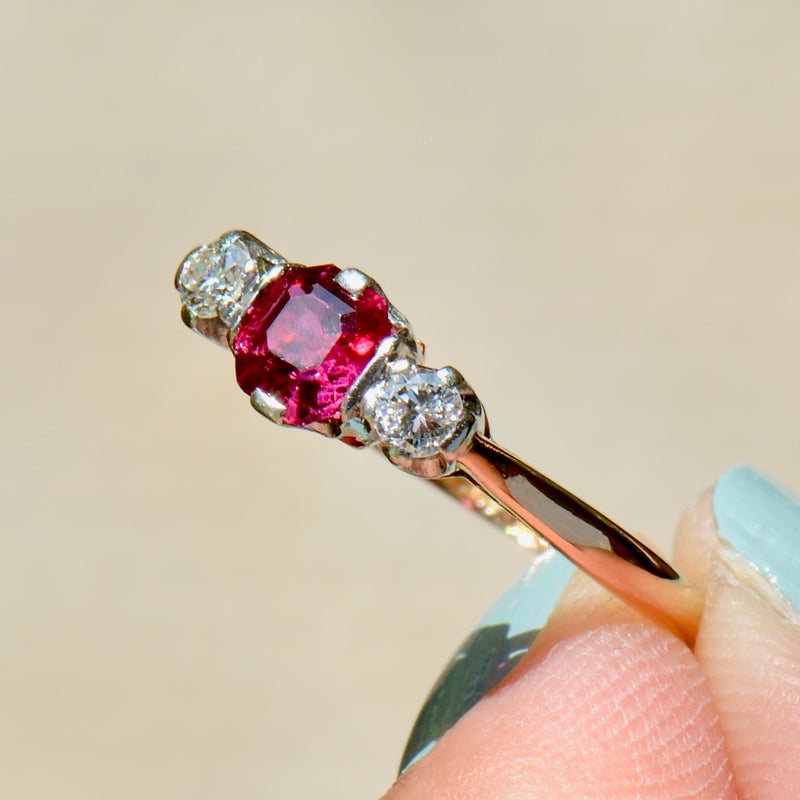 Vintage Unheated Ruby & Diamond 18CT Yellow Gold & Platinum Trilogy Engagement Ring (0.75ct)