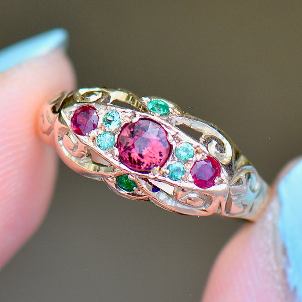 Antique 1915 9ct Rose Gold Ruby and Emerald Band