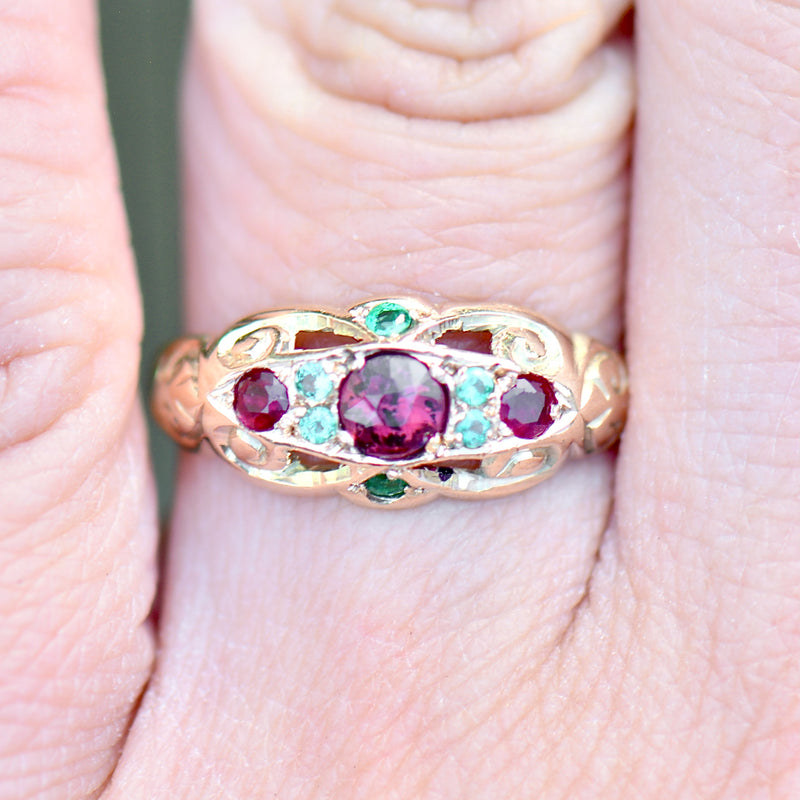 Antique 1915 9ct Rose Gold Ruby and Emerald Band