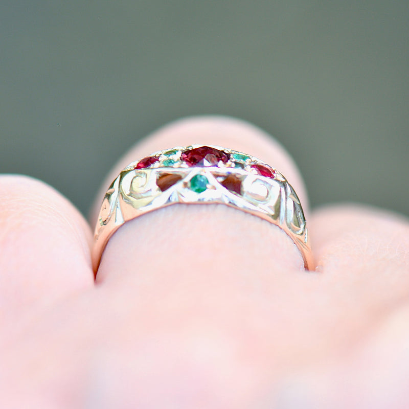 Antique 1915 9ct Rose Gold Ruby and Emerald Band