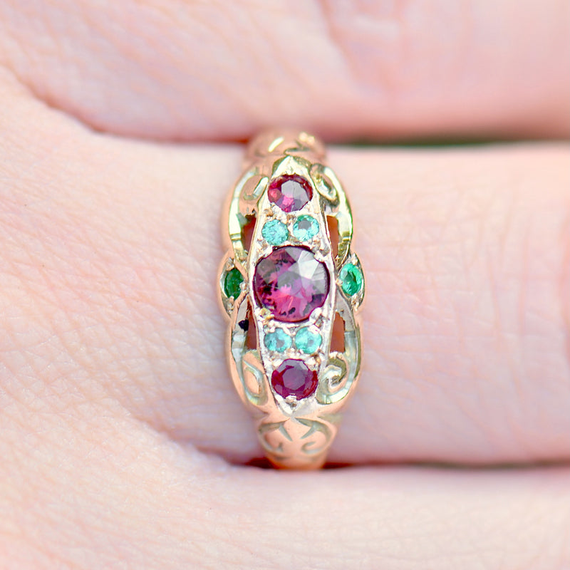 Antique 1915 9ct Rose Gold Ruby and Emerald Band