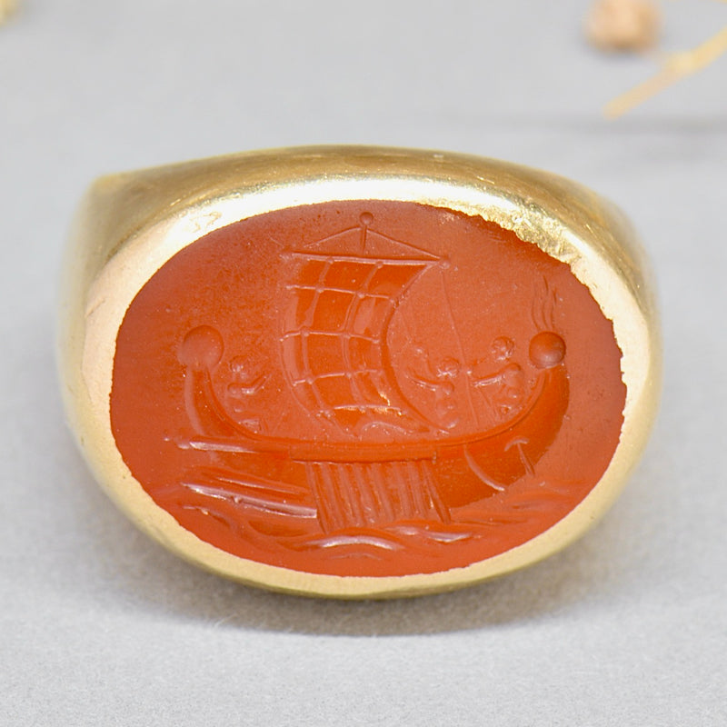 Antique Carnelian Intaglio Galley/Sailing Ship 9ct Yellow Gold Signet Ring (Large & Chunky)