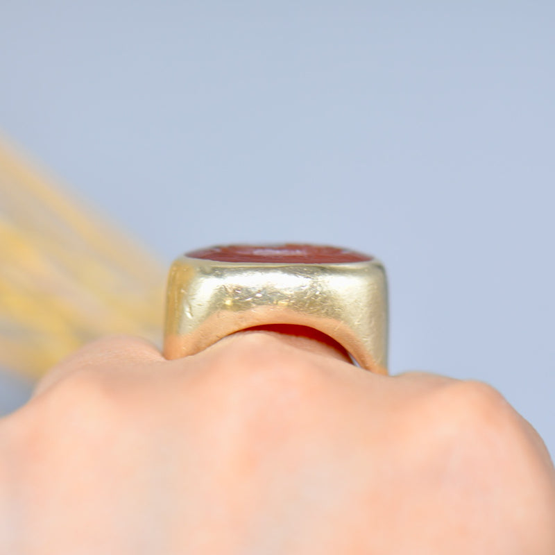 Antique Carnelian Intaglio Galley/Sailing Ship 9ct Yellow Gold Signet Ring (Large & Chunky)