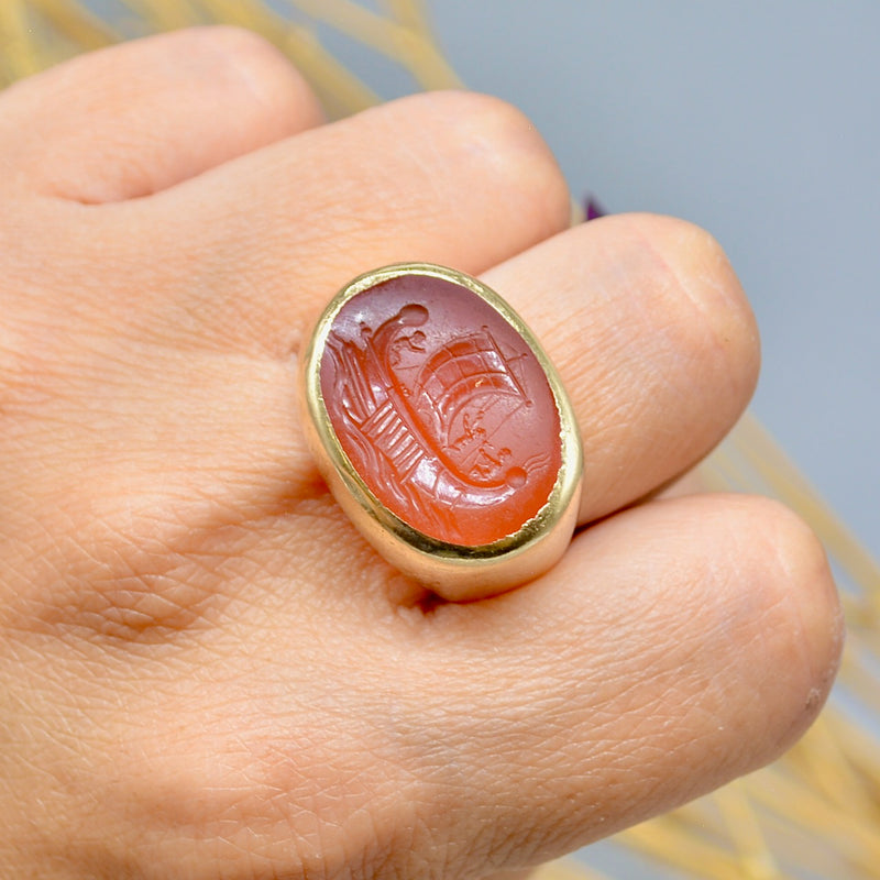 Antique Carnelian Intaglio Galley/Sailing Ship 9ct Yellow Gold Signet Ring (Large & Chunky)