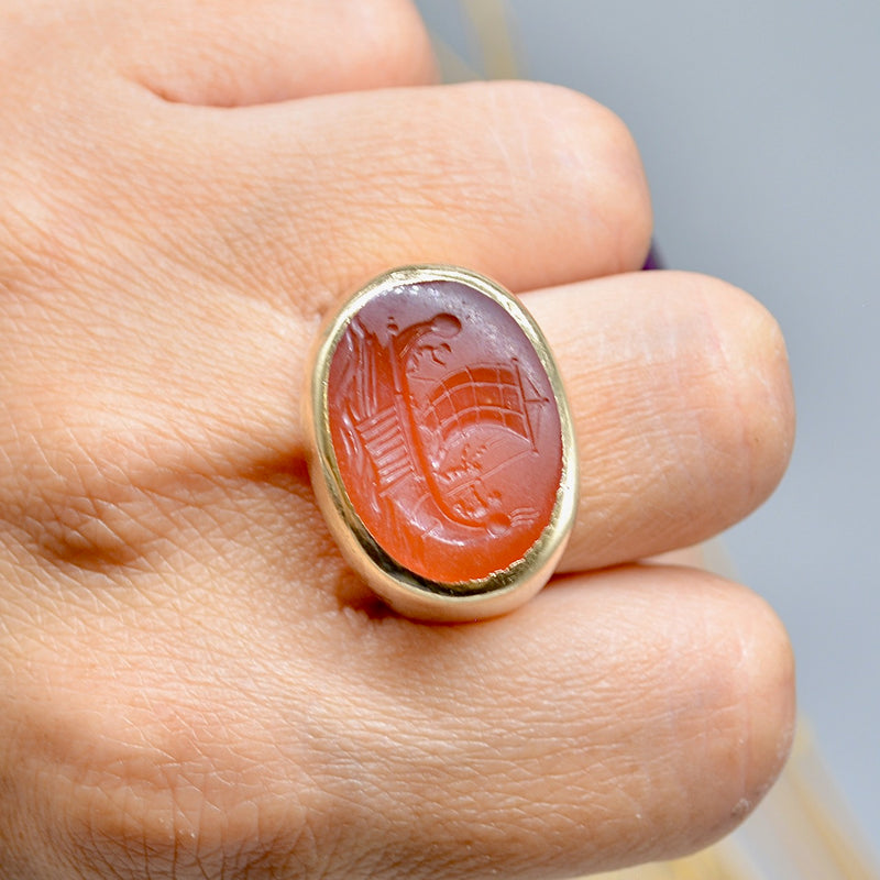 Antique Carnelian Intaglio Galley/Sailing Ship 9ct Yellow Gold Signet Ring (Large & Chunky)