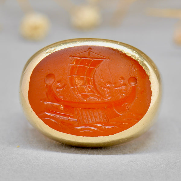 Antique Carnelian Intaglio Galley/Sailing Ship 9ct Yellow Gold Signet Ring (Large & Chunky)