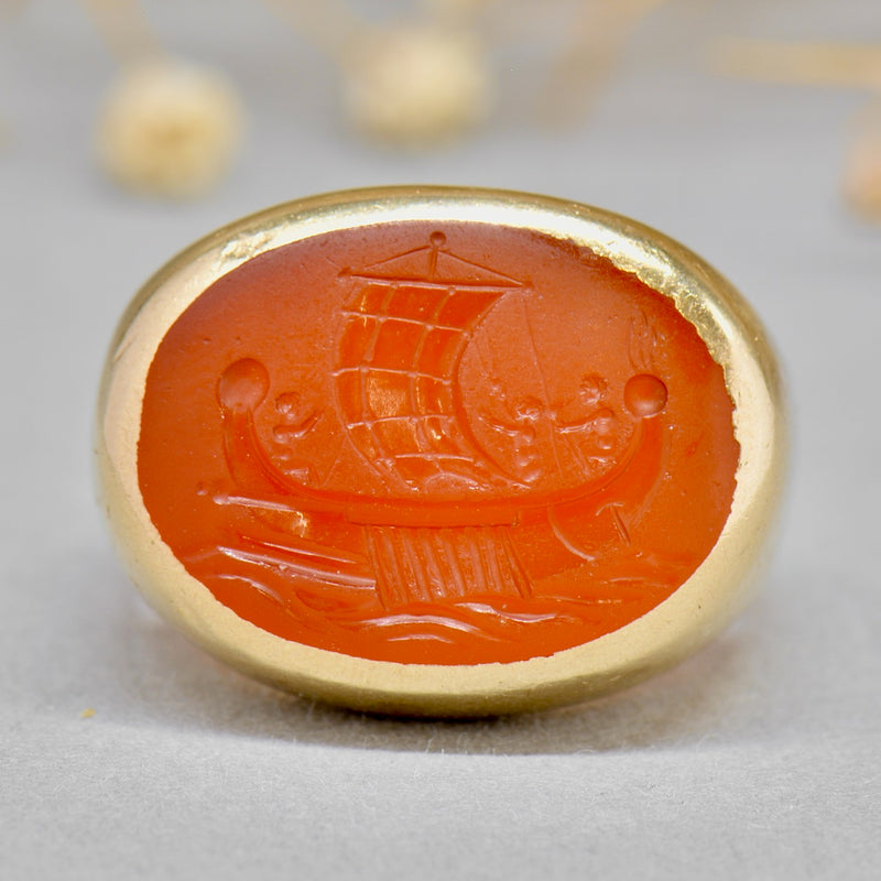 Antique Carnelian Intaglio Galley/Sailing Ship 9ct Yellow Gold Signet Ring (Large & Chunky)