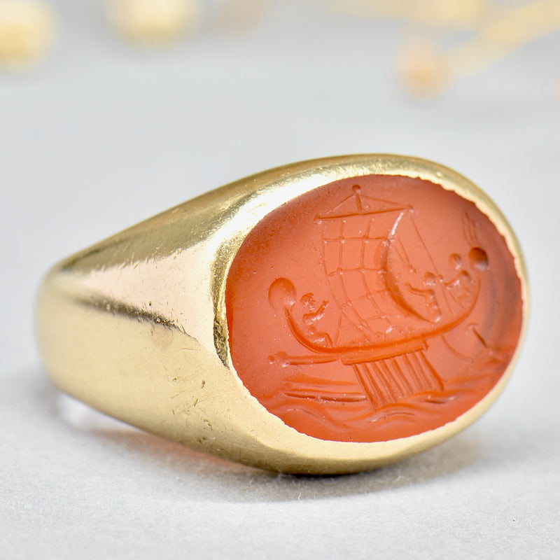 Antique Carnelian Intaglio Galley/Sailing Ship 9ct Yellow Gold Signet Ring (Large & Chunky)