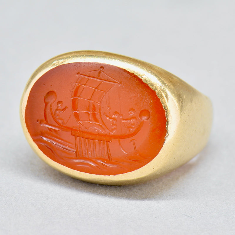 Antique Carnelian Intaglio Galley/Sailing Ship 9ct Yellow Gold Signet Ring (Large & Chunky)